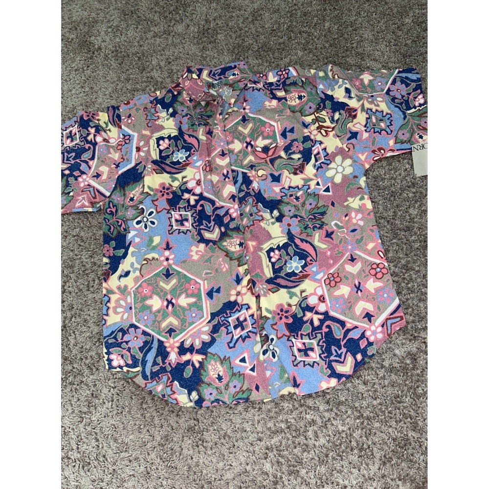 Corner Stone Floral Button Up Short Sleeve Shirt Colorful‎ Pattern Size L